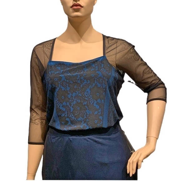 IGIGI Fairy Tale Blouse Plus 22/24 Sheer Black Lace over Blue 3/4 Raglan Sleeves - Picture 1 of 10